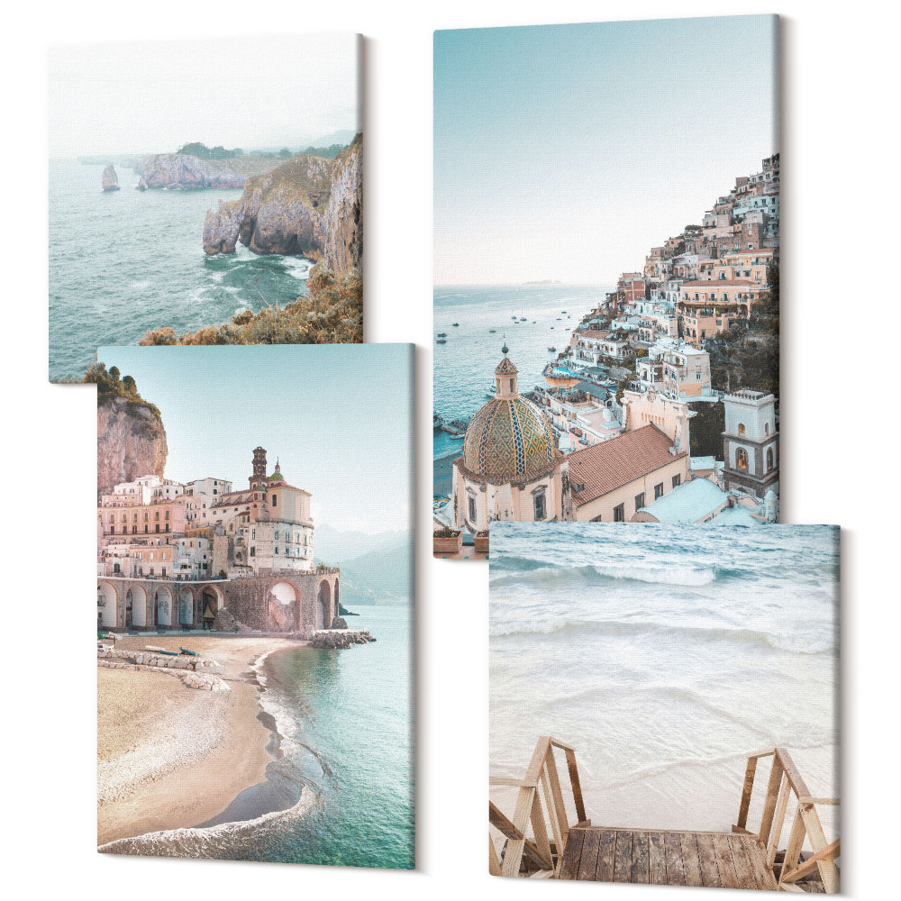 Sada 4 obrazov Letné pastelové výhľady s prímorskou architektúrou a plážou