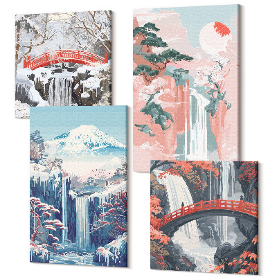 Sada obrazov kvadryptych Vodopády hory s mostom a kvitnúce stromy
