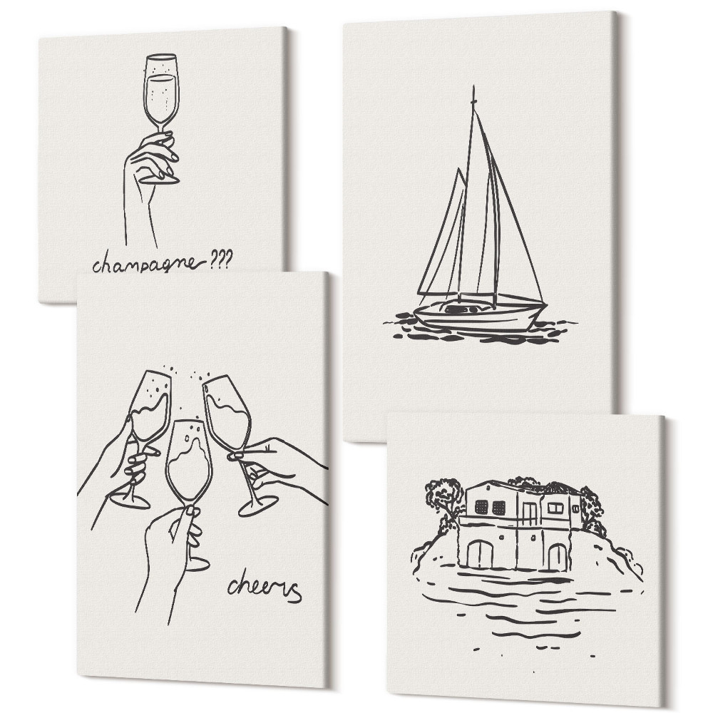 Sada 4 obrazov Pohľady na dom pri vode, toasty s pohármi, plachetnica