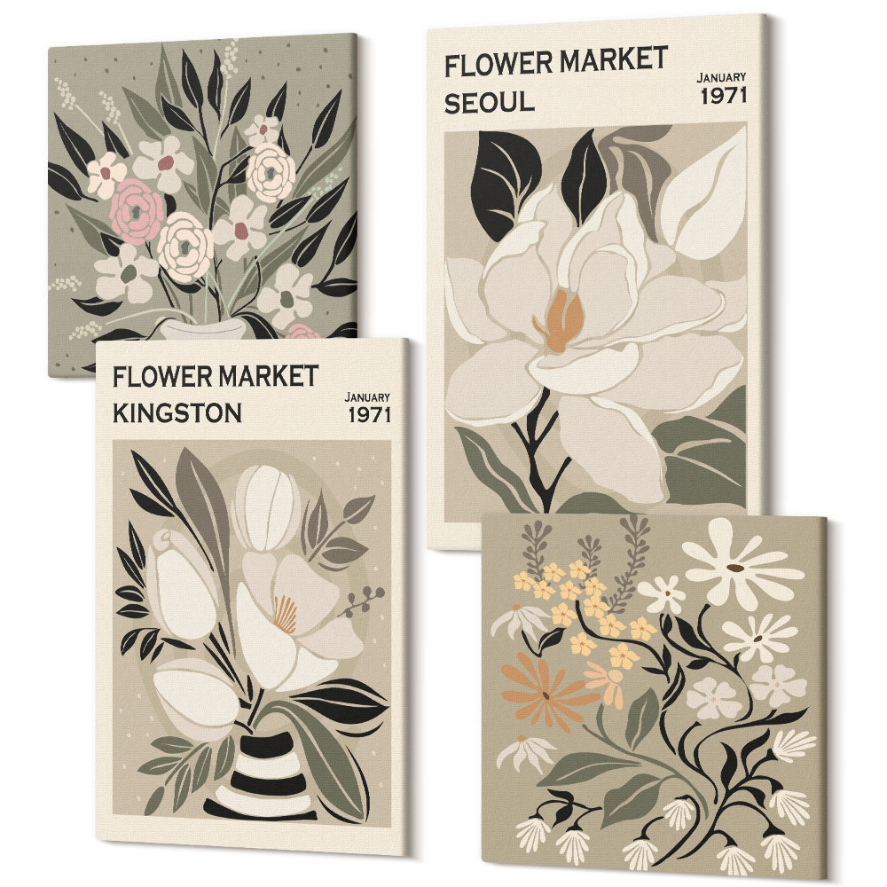 Sada 4 obrazov Retro kvety z rôznych miest po celom svete