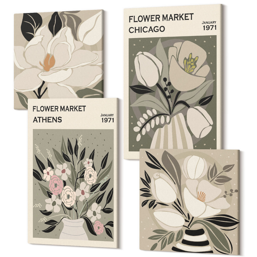 Sada obrazov kvadryptych Kvetinové aranžmány v retro štýle z rôznych miest