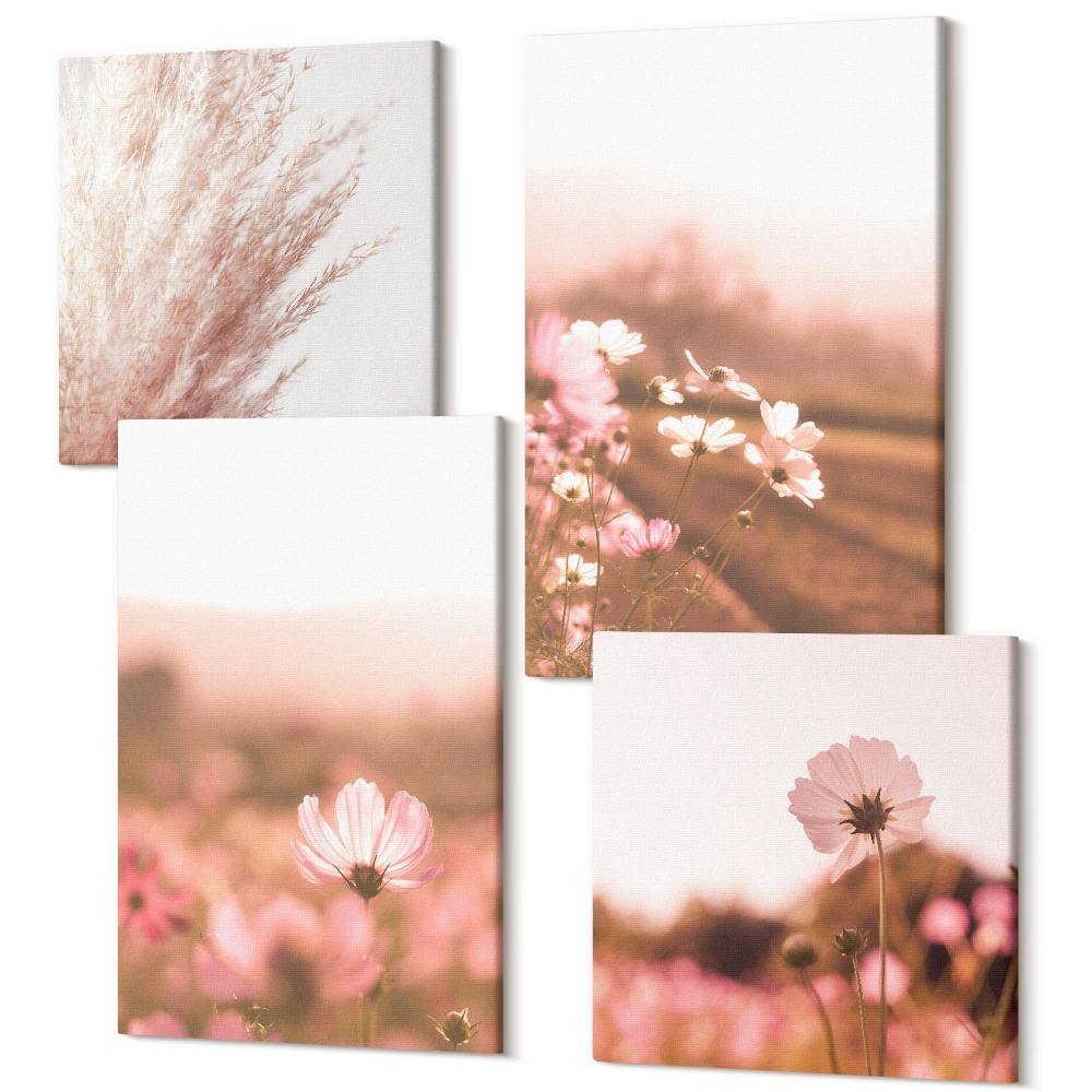 Sada obrazov kvadryptych Poľné kvety na lúkach v lete, romantická krajina