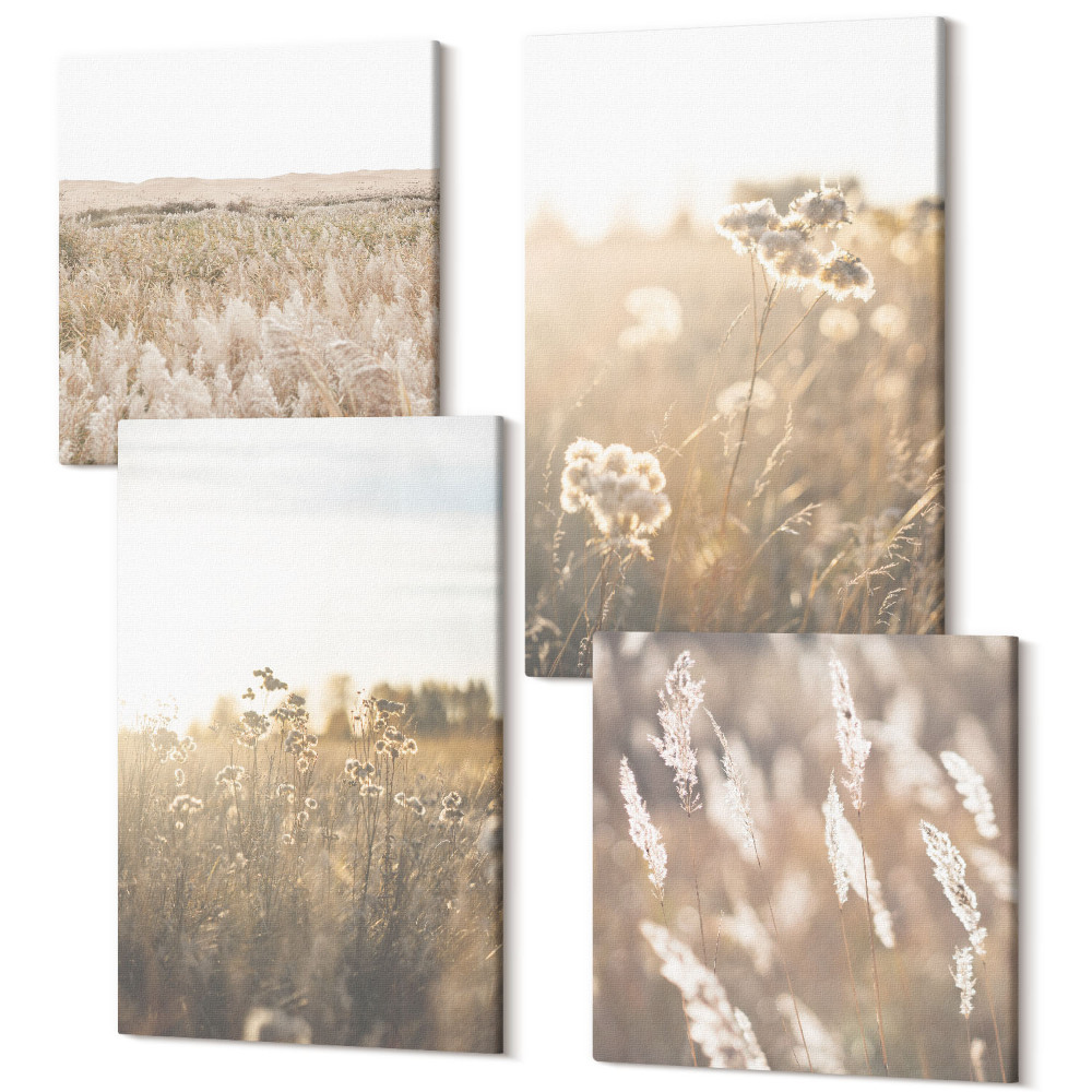 Sada obrazov na stenu kvadryptych Krajina s trávami a kvetmi v teplých odtieňoch