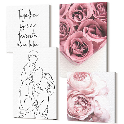 Sada obrazov kvadryptych Rodina line art ruže kytice domov nápis