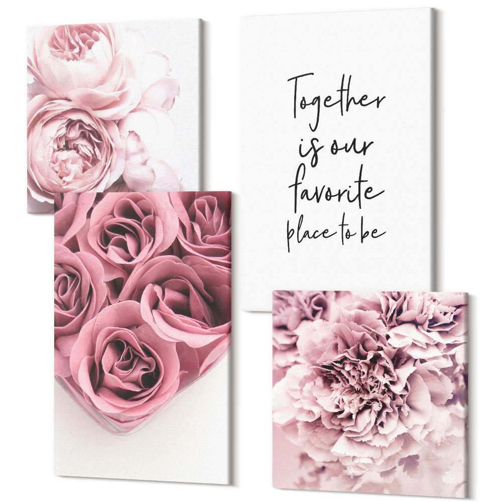 Sada obrazov na stenu kvadryptych Kvety a kytice ruží s domácim nápisom