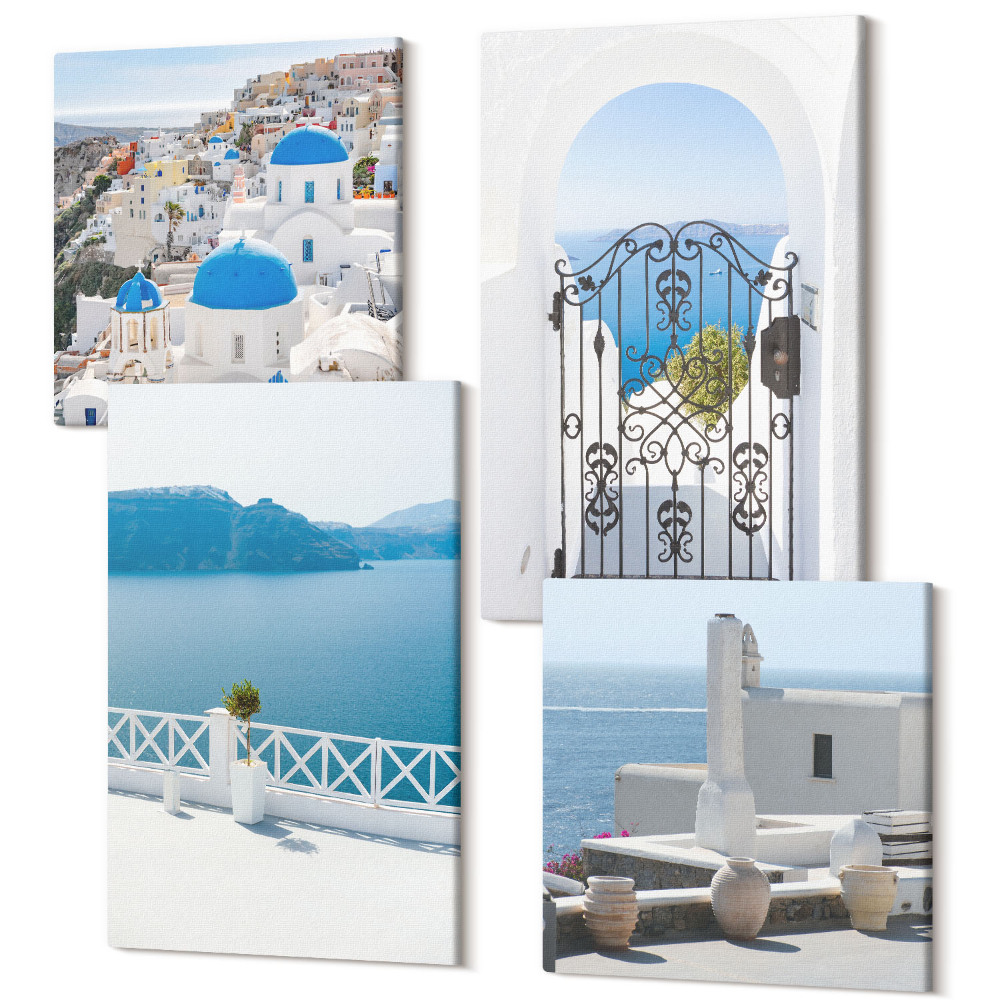Sada obrazov na stenu kvadryptych Výhľad na more s bielymi budovami Grécko