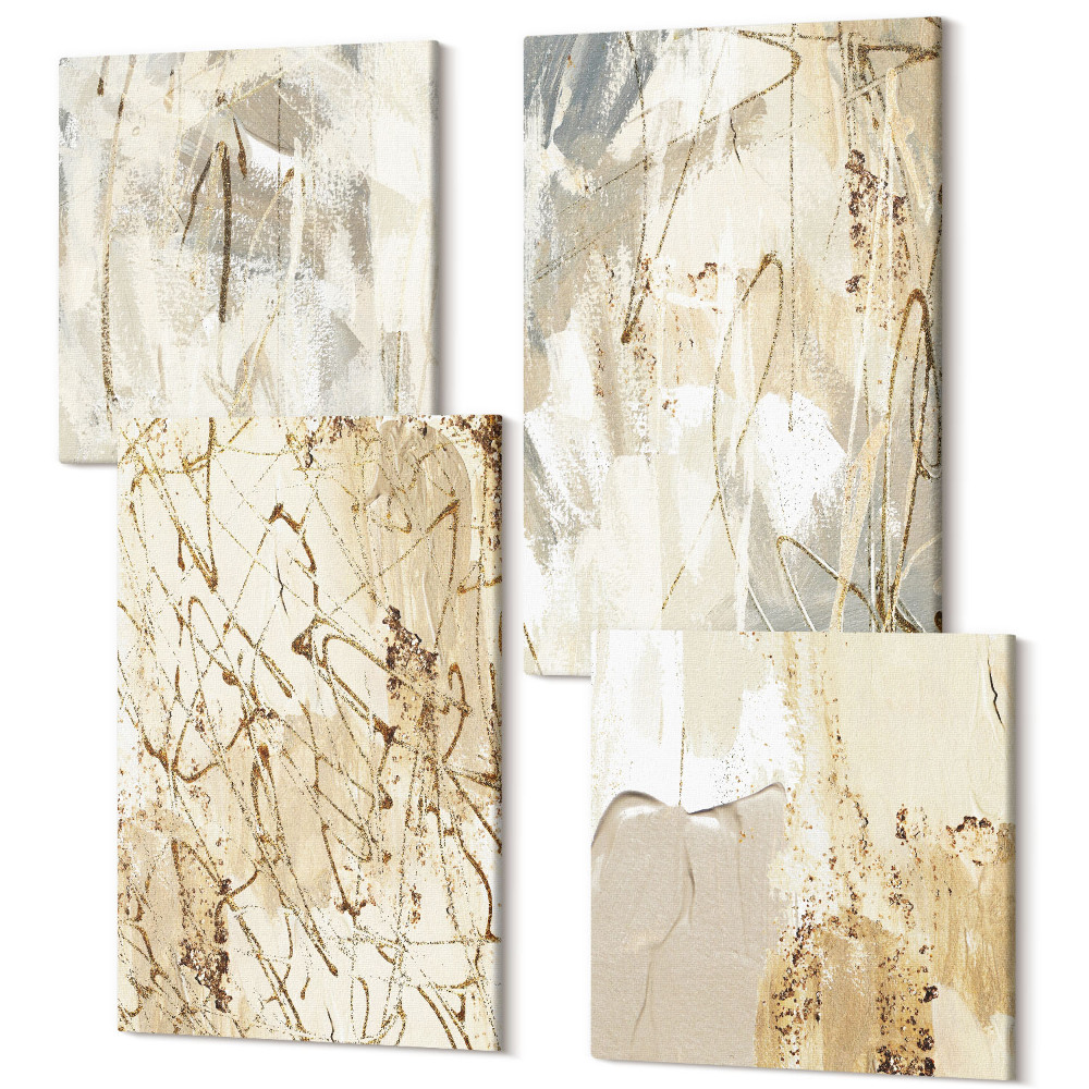 Sada obrazov na stenu kvadryptych Béžové abstraktné maľované tvary a línie