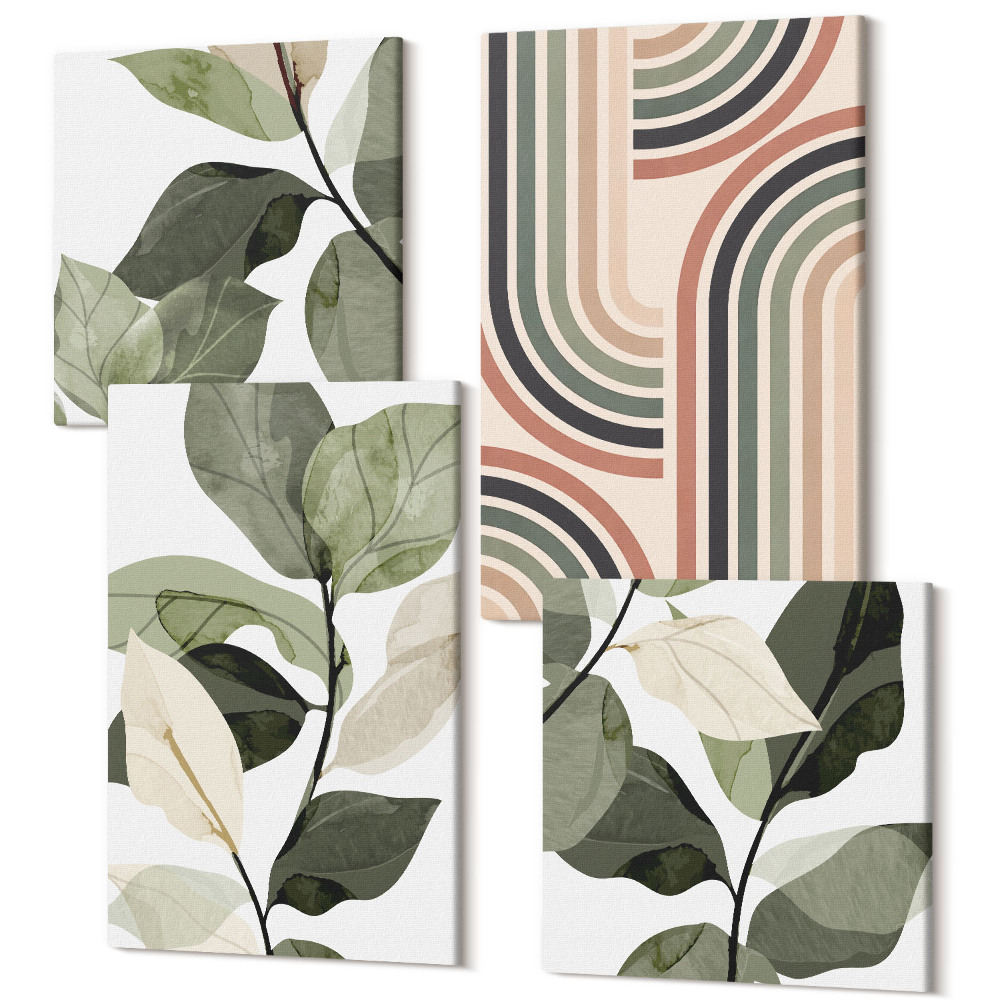 Sada obrazov na stenu kvadryptych Rastlinné motívy s geometrickými vzormi v odtieňoch zelenej