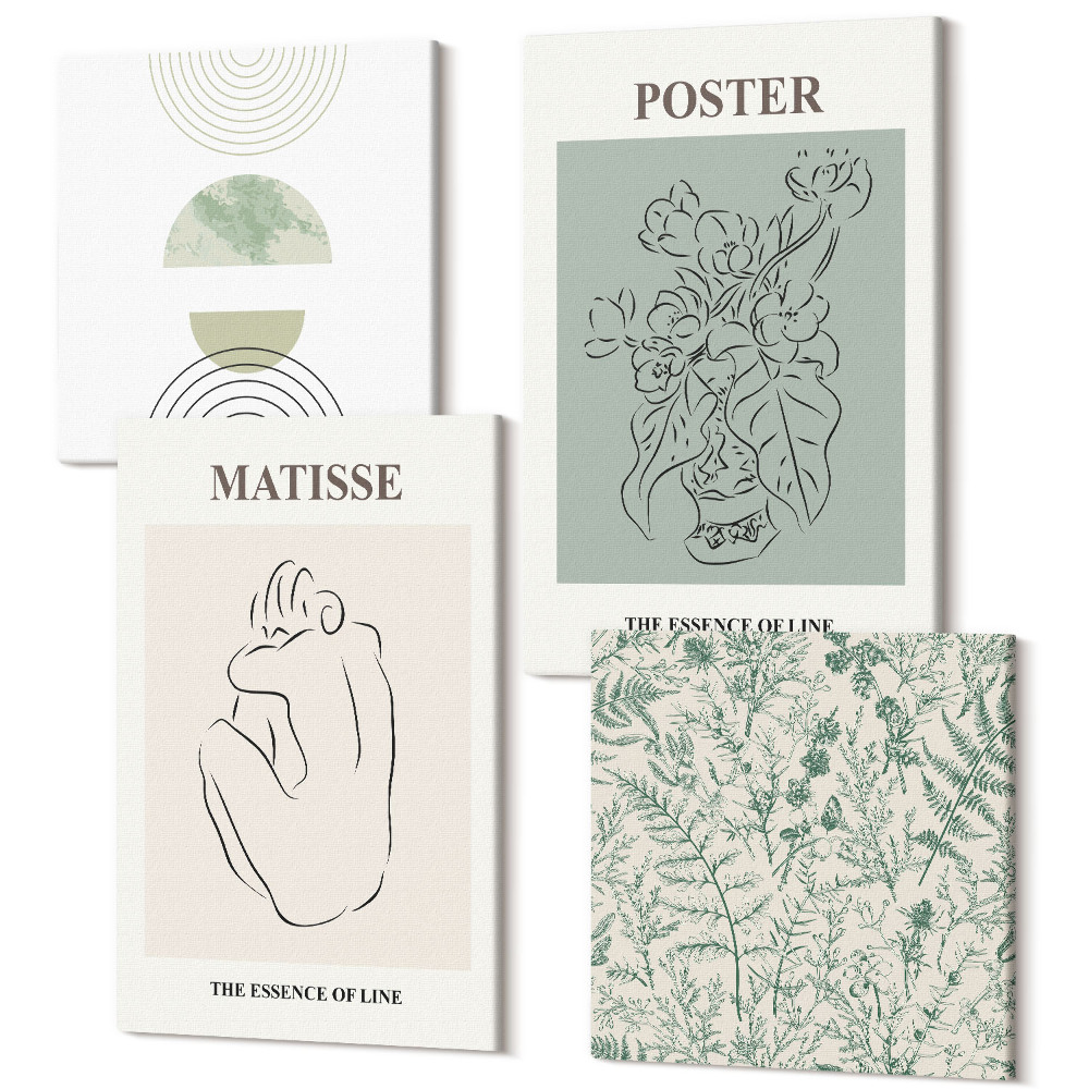 Sada obrazov kvadryptych Línie a rastlinné vzory v minimalistickom štýle