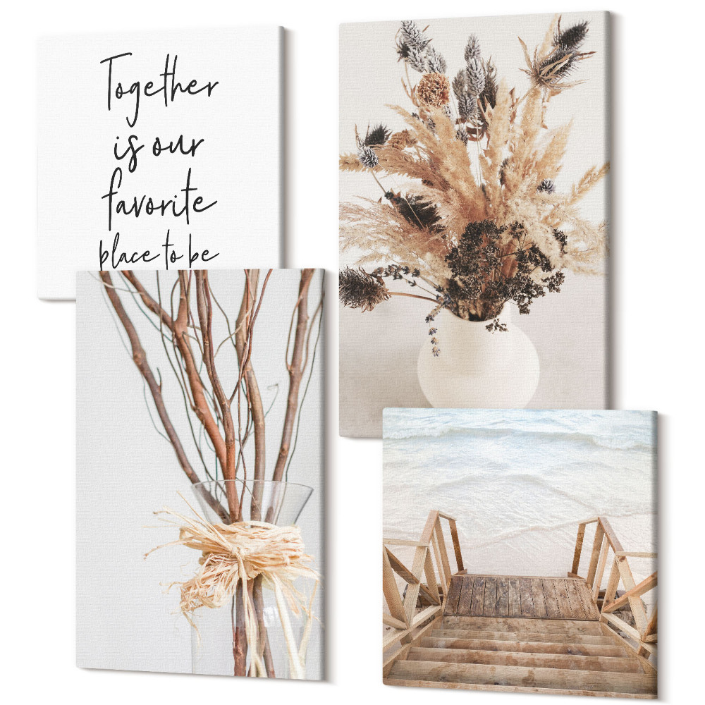 Sada obrazov kvadryptych Kvety a konáre v minimalistickom prírodnom štýle