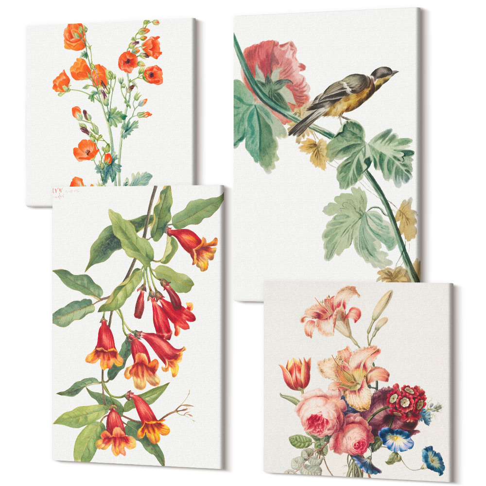 Sada obrazov kvadryptych Maľované retro kvety a vtáčik na konári