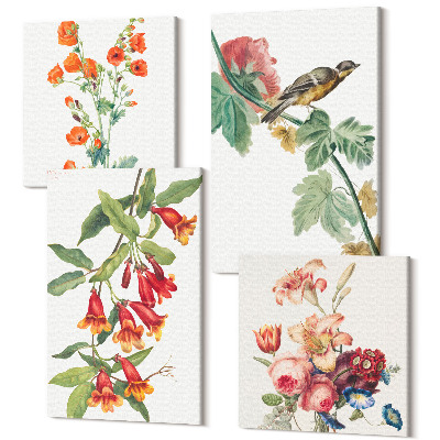 Sada obrazov kvadryptych Maľované retro kvety a vtáčik na konári
