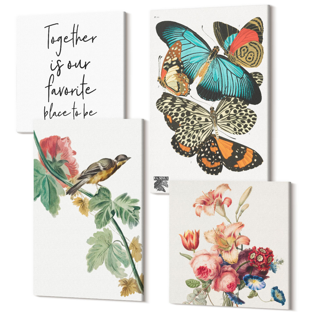 Sada obrazov kvadryptych Kvety, motýle a vtáčik v pastelových odtieňoch