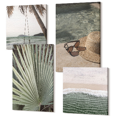 Sada obrazov kvadryptych Dovolenka na pláži s hojdačkou z palmového listu
