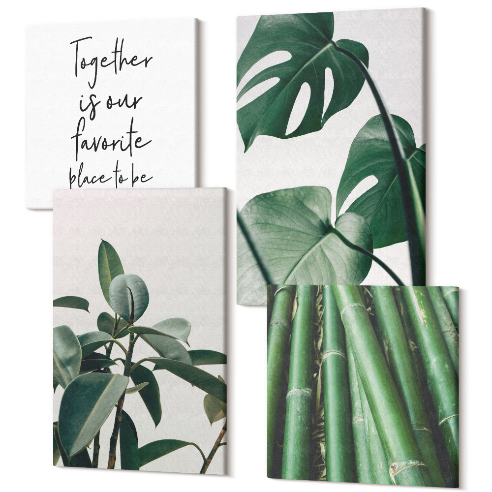 Sada obrazov na stenu kvadryptych Bambusové stonky, nápis rastlín a listy monstery