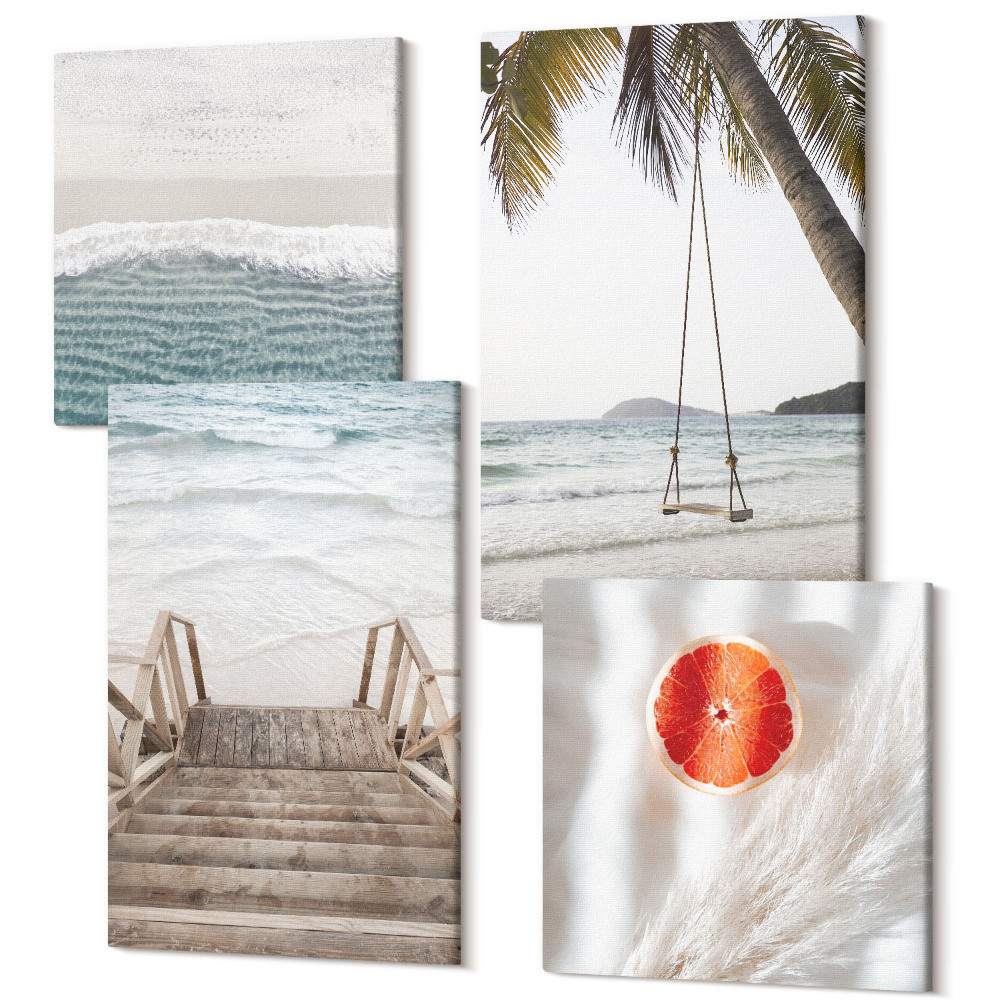 Sada obrazov kvadryptych Pláž s drevenými schodmi, dovolenková atmosféra