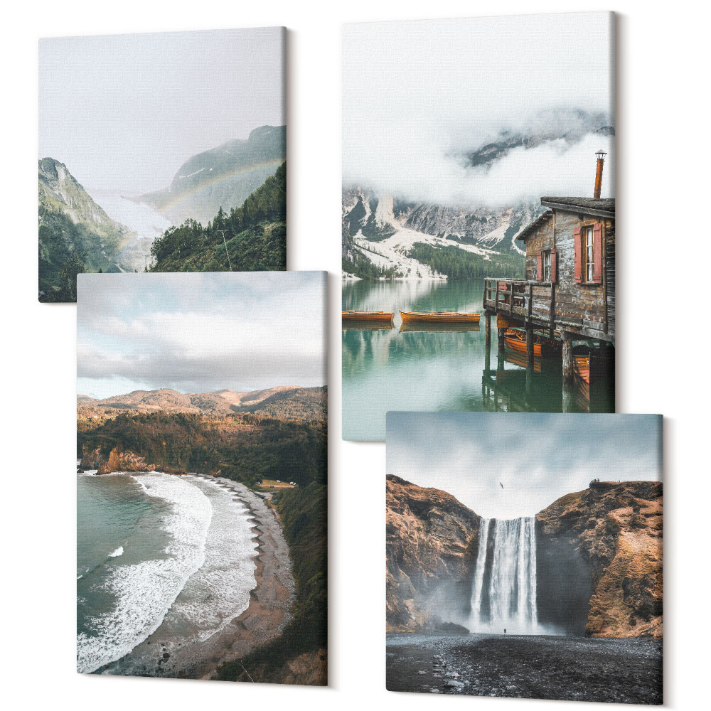 Sada obrazov na stenu kvadryptych Výhľady na hory, pláž, oblaky a vodu