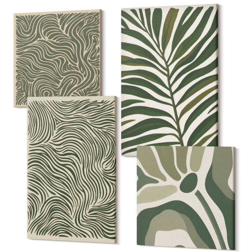 Sada obrazov na stenu kvadryptych Abstraktné vzory s listami a vlnitými tvarmi