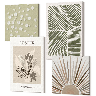 Sada 4 obrazov Rastlinné motívy v tlmených farbách a vzoroch