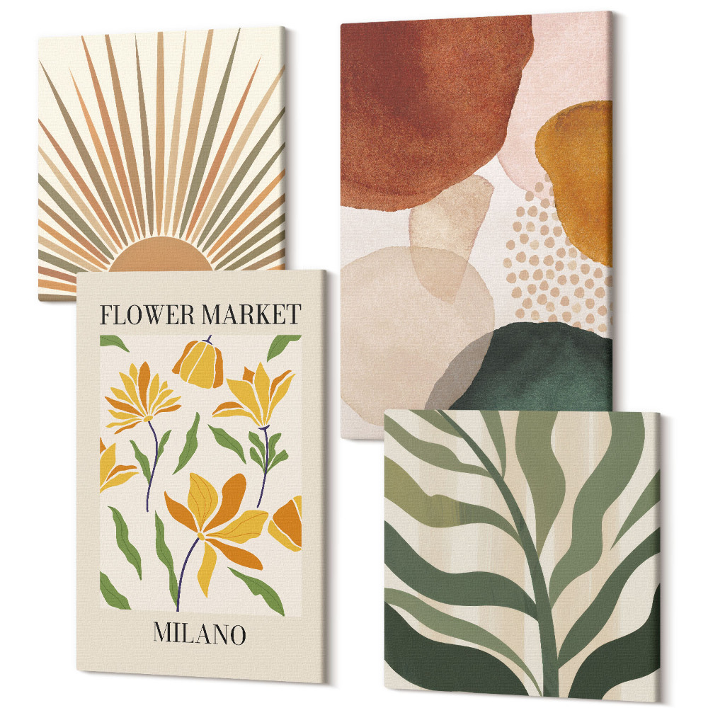 Sada obrazov na stenu kvadryptych Kvetinové motívy s abstraktnými tvarmi a listami