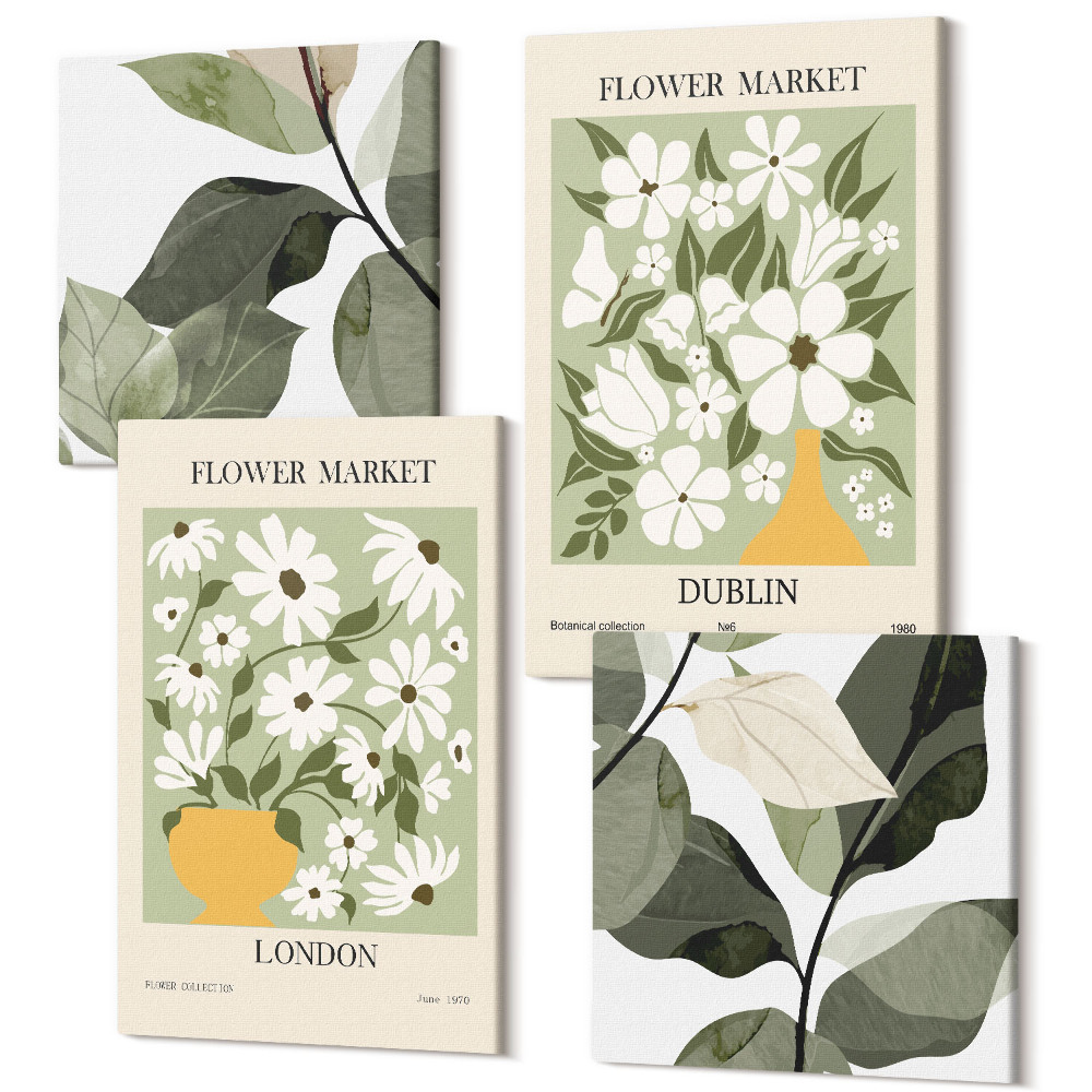 Sada obrazov kvadryptych Kvetinové vzory Londýn a Dublin jemné listy