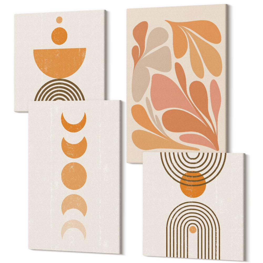 Sada obrazov na stenu kvadryptych Abstraktné tvary v odtieňoch oranžovej