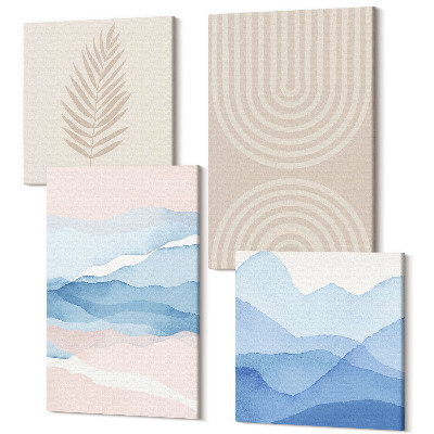 Sada obrazov kvadryptych Listy a vlny v odtieňoch béžovej a modrej