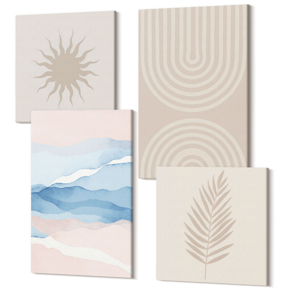Sada obrazov na stenu kvadryptych Slnko, vlny a abstraktné línie v pastelových farbách