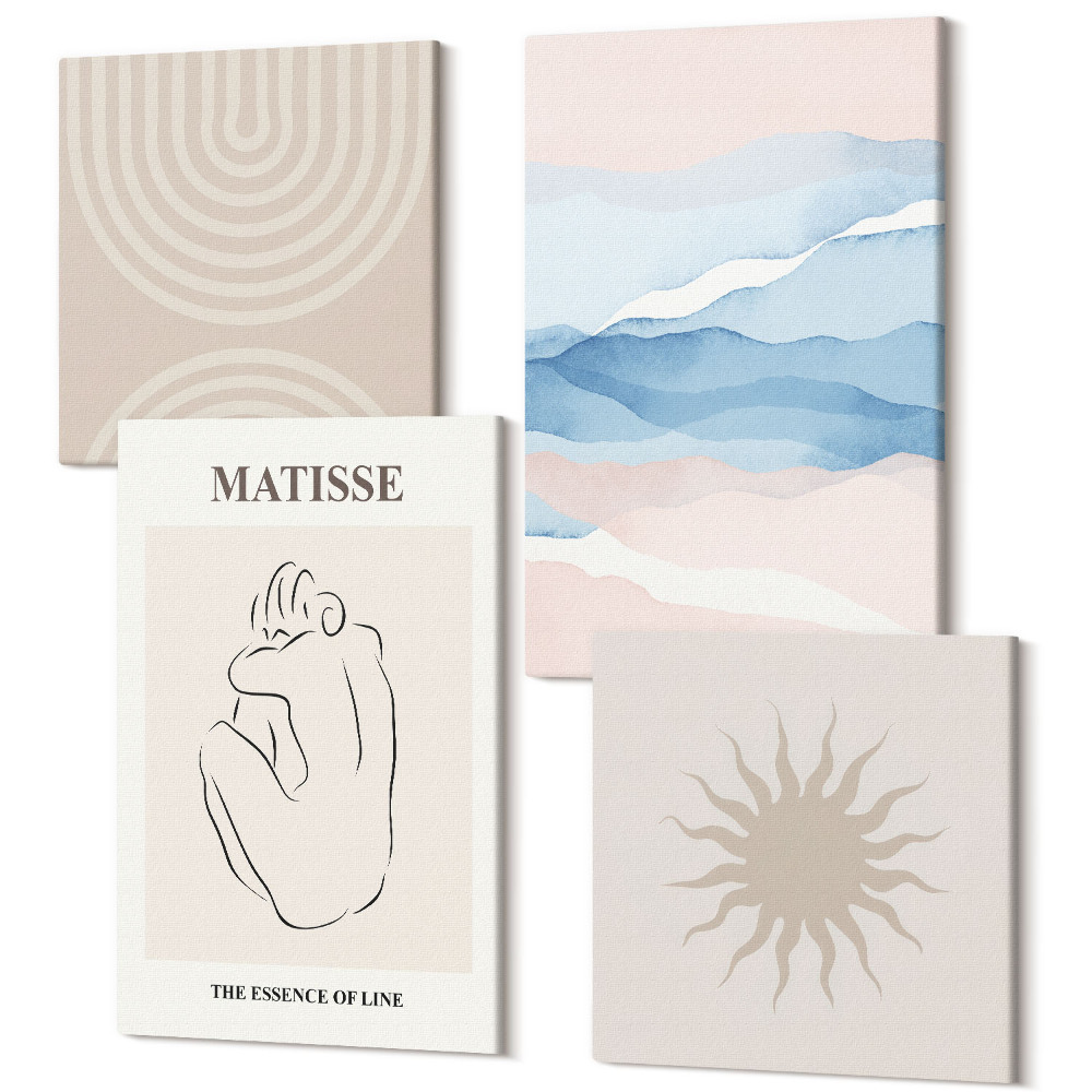 Sada 4 obrazov Línie a vlny v pastelových odtieňoch s minimalistickým akcentom