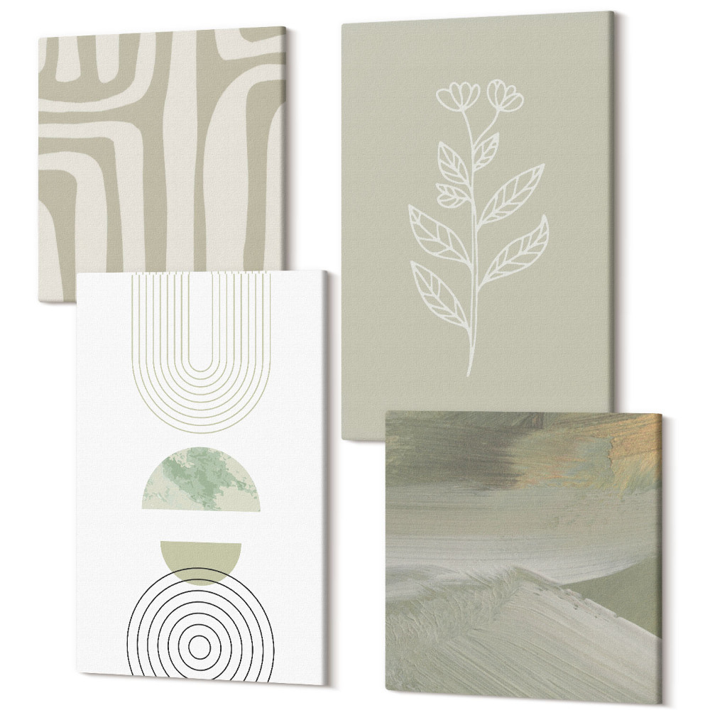 Sada 4 obrazov Geometrické vzory s rastlinnými akcentmi v odtieňoch zelenej