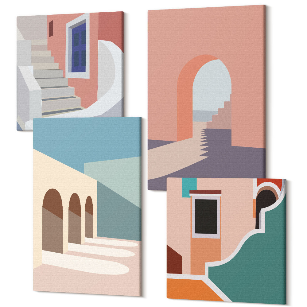 Sada 4 obrazov Pastelovo minimalistická grafika mestskej architektúry