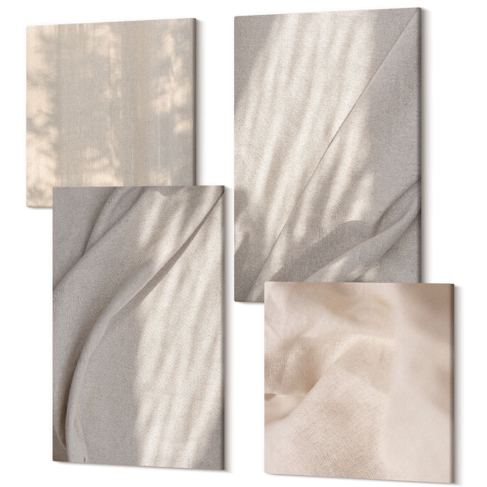 Sada obrazov na stenu kvadryptych Detailný záber na prírodné štruktúry tkanín v štýle boho