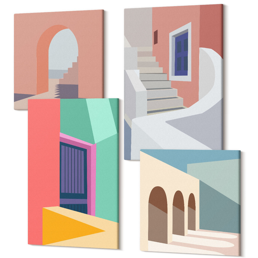 Sada obrazov na stenu kvadryptych Farebné ilustrácie budov v modernom štýle