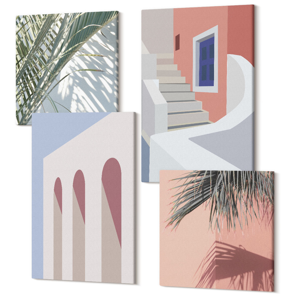 Sada 4 obrazov Ilustrácie mestskej architektúry v minimalistickom štýle