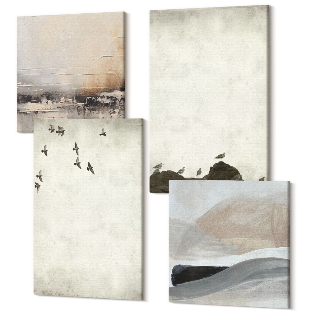 Sada obrazov kvadryptych Vtáky, kamene a ťahy štetcom minimalistické dekorácie