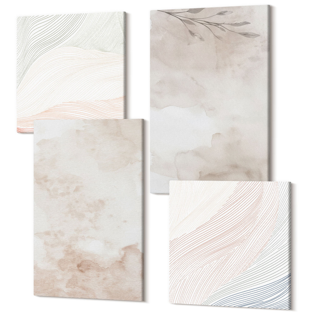 Sada 4 obrazov Akvarelové škvrny a listy v pastelových farbách