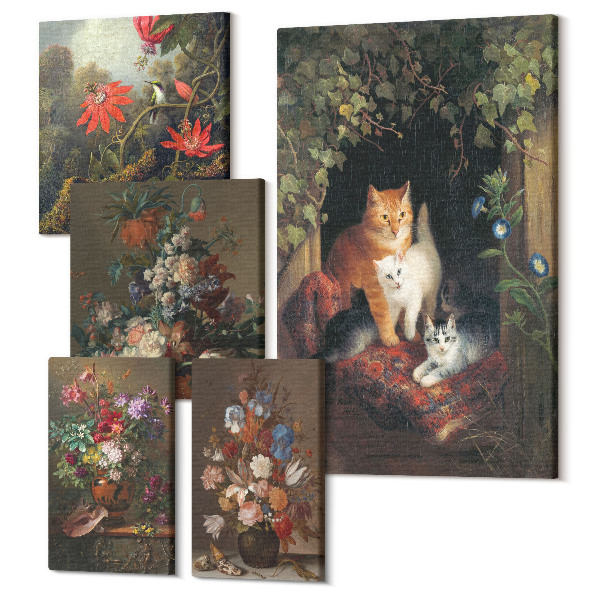 Sada obrazov pentaptych Kvetinové aranžmány a rozkošné vintage mačky