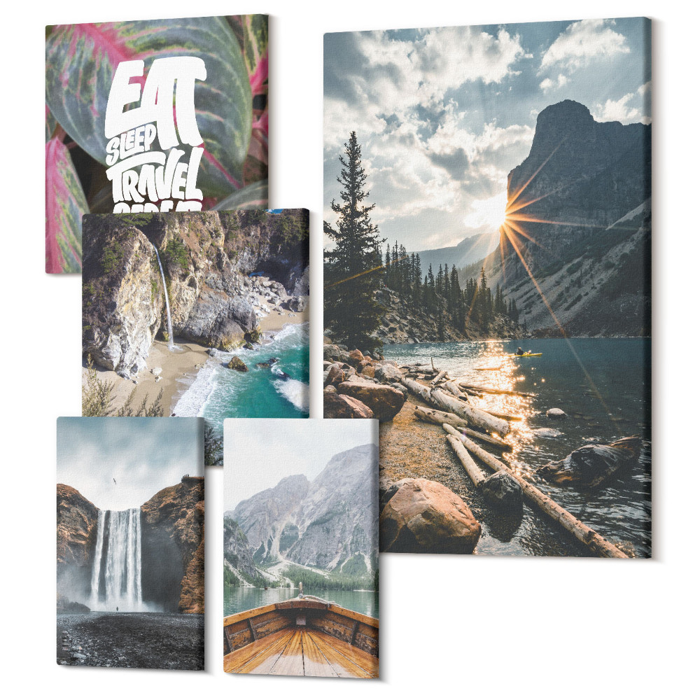 Sada obrazov na stenu pentaptych Prírodná krajina s vodopádmi a výhľadom na hory