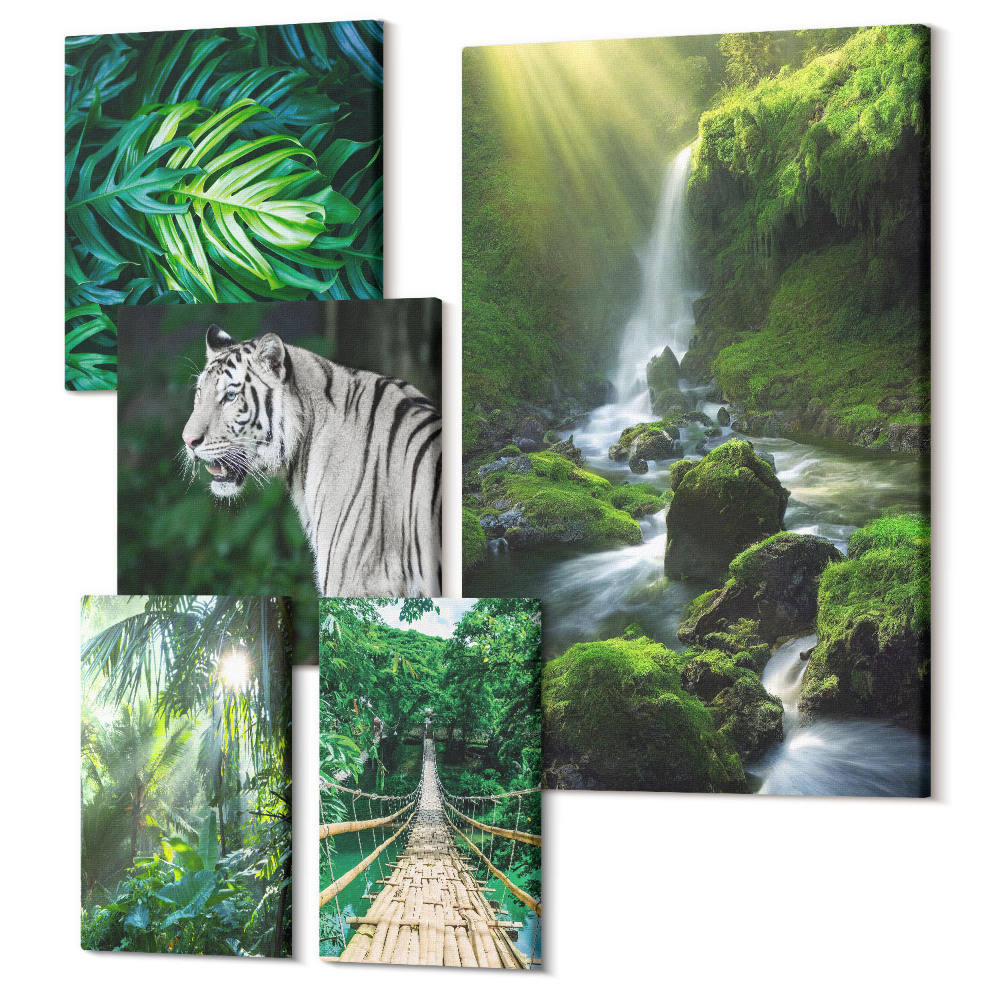 Sada obrazov pentaptych Tropická krajina s divokou zverou a zvieratami