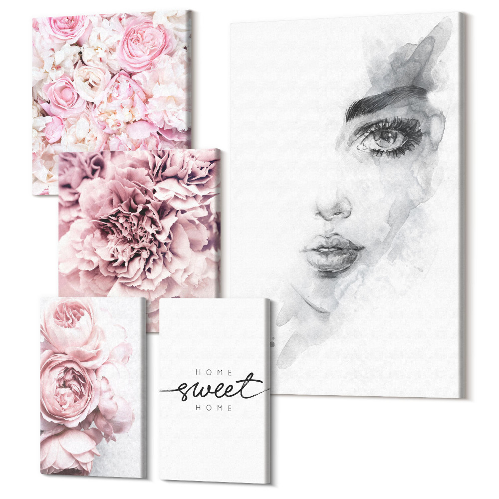 Sada 5 obrazov Kvetinové akcenty s portrétom a nápisom o dome