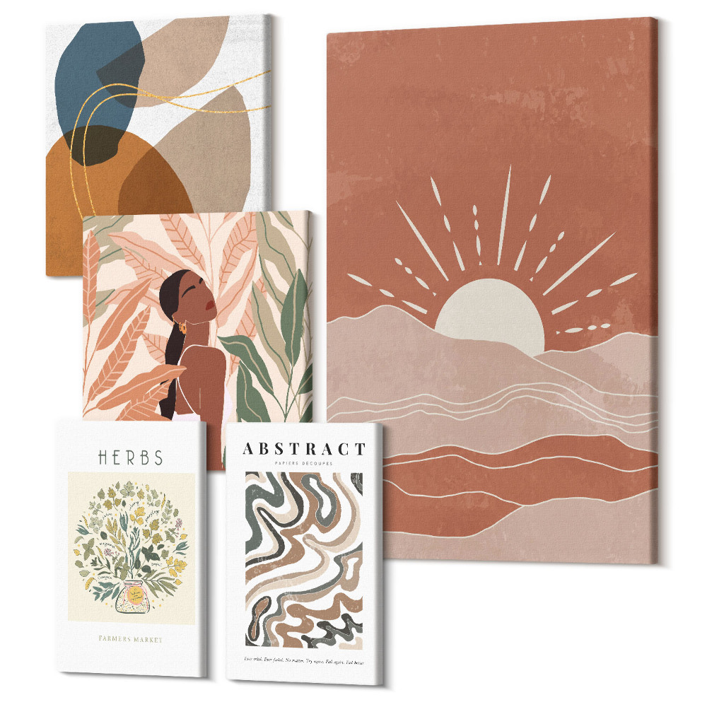 Sada obrazov na stenu pentaptych Boho štýl s rastlinnými motívmi a abstraktnými vzormi