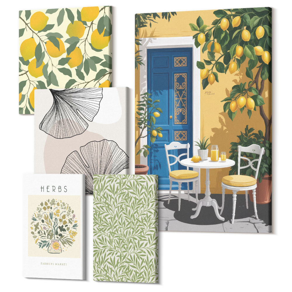 Sada obrazov na stenu pentaptych Štýlové akcenty v rastlinných a ovocných motívoch