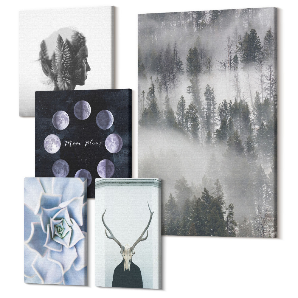 Sada obrazov pentaptych Prírodné lesné motívy a kozmické javy