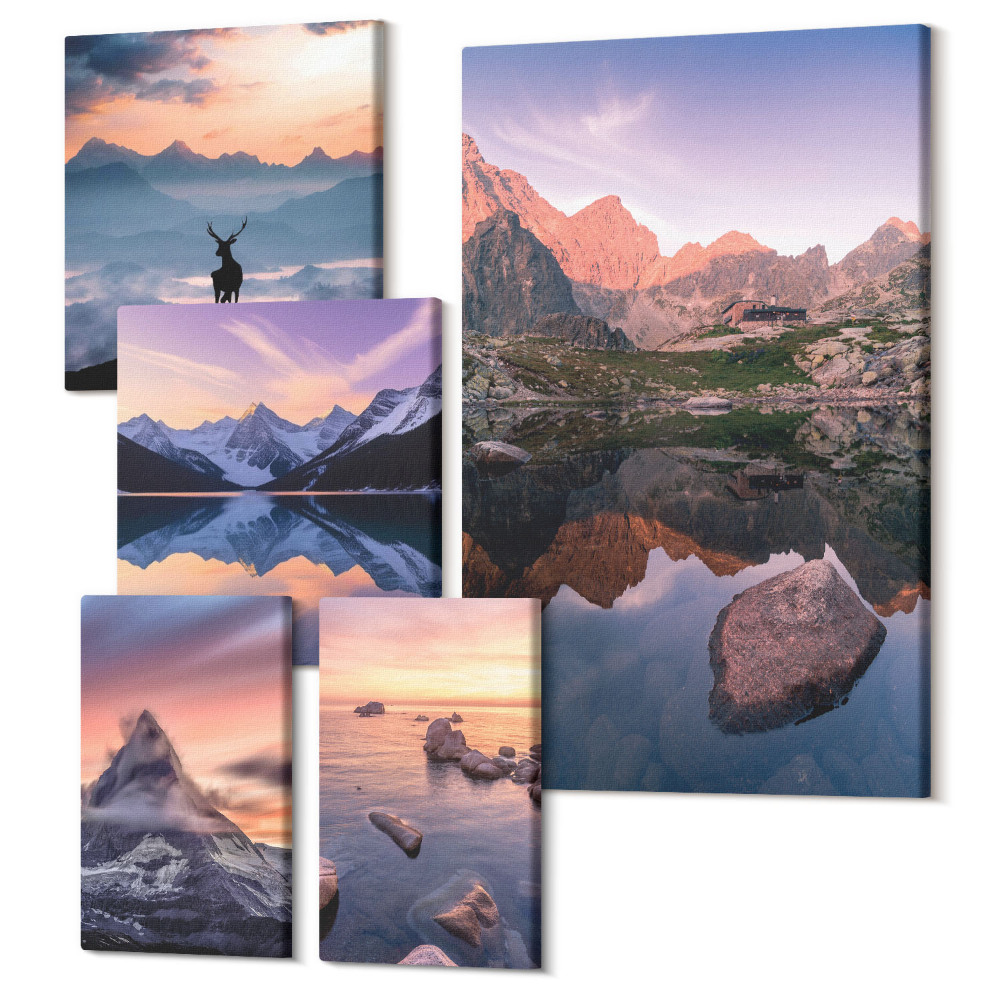 Sada 5 obrazov Horská krajina so západom slnka a odrazmi vody