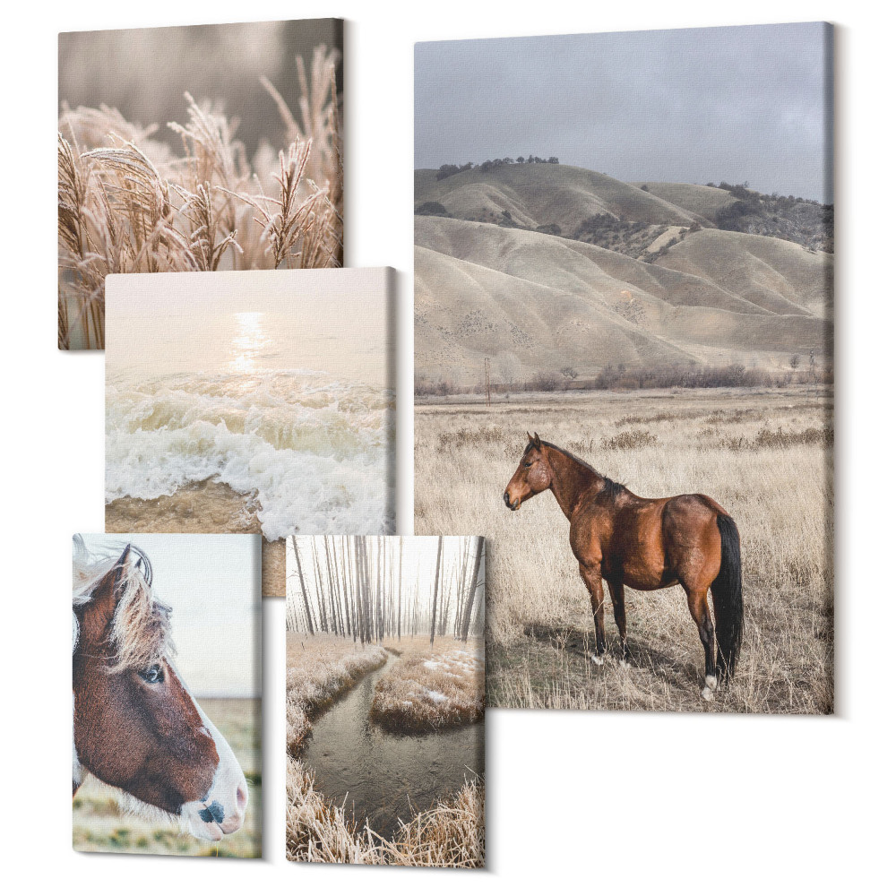 Sada obrazov na stenu pentaptych Prírodná krajina s koňmi a pokojnými vodami