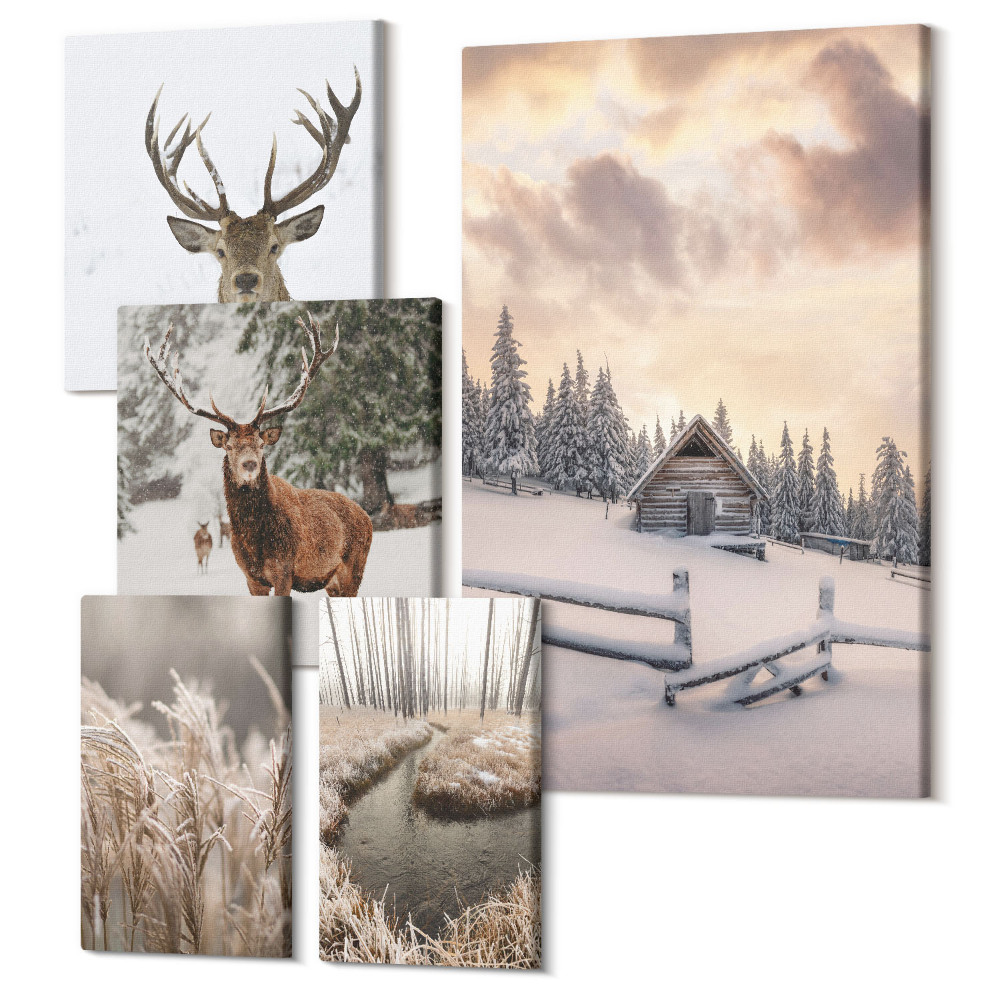Sada obrazov na stenu pentaptych Zimná krajina s jeleňmi a idylická chata v lese