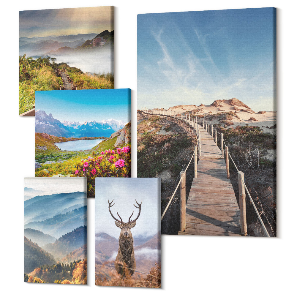 Sada obrazov pentaptych Prírodné horské a lesné krajiny s divokou prírodou