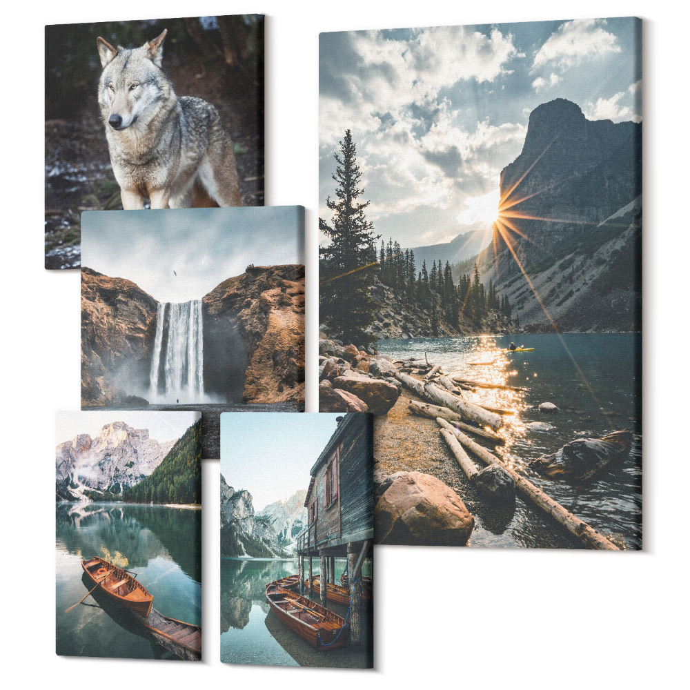 Sada obrazov pentaptych Prírodná krajina s divokou zverou a vodopádmi