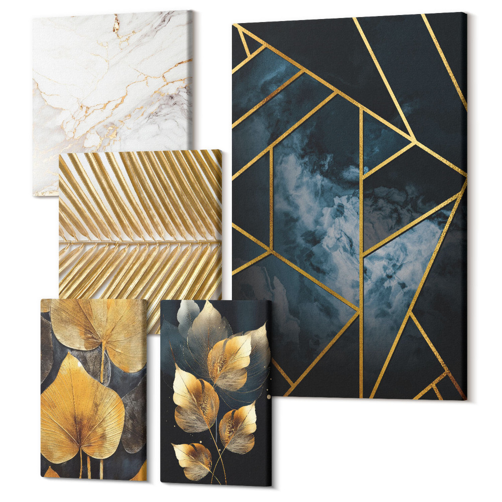 Sada 5 obrazov Štýlové dekorácie s motívmi listov a geometrickými vzormi