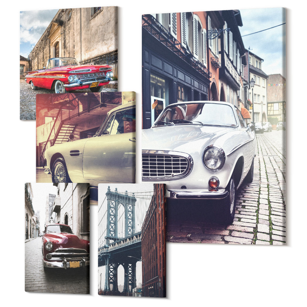 Sada obrazov pentaptych Štýlové klasické autá v mestskom prostredí